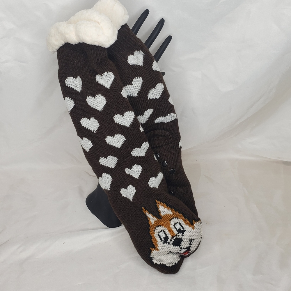 ♧ Sherpa Slipper Socks Brown with White Hearts Non Slip